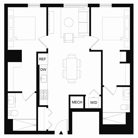 Floor plan for 2 beds, 2 baths, 1019 sqft