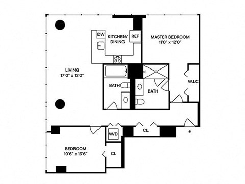 Floor plan for 2 beds, 2 baths, 1130 sqft