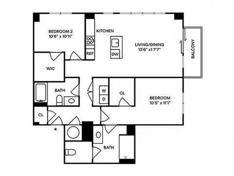 Floor plan for 2 beds, 2 baths, 1164 sqft