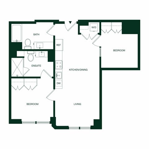 Floor plan for 2 beds, 2 baths, 834 sqft