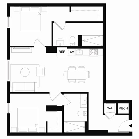 Floor plan for 2 beds, 2 baths, 1056 sqft