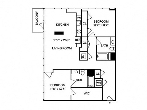 Floor plan for 2 beds, 2 baths, 1309 sqft