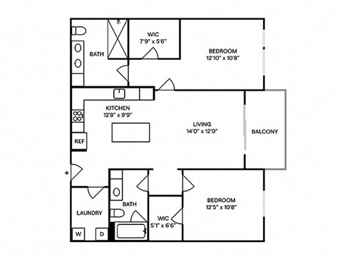 Floor plan for 2 beds, 2 baths, 1066 sqft
