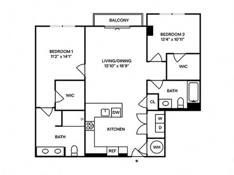 Floor plan for 2 beds, 2 baths, 1181 sqft