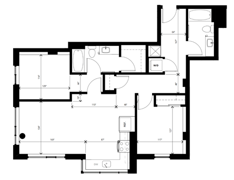 Floor plan for 2 beds, 2 baths, 1027 sqft