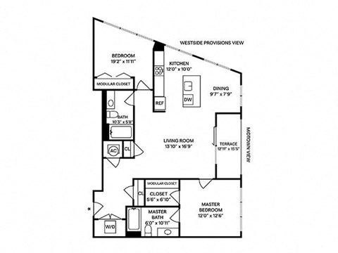 Floor plan for 2 beds, 2 baths, 1172 sqft