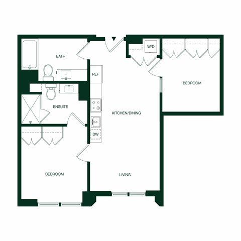 Floor plan for 2 beds, 2 baths, 837 sqft