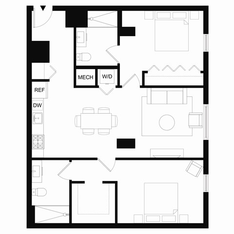 Floor plan for 2 beds, 2 baths, 1151 sqft