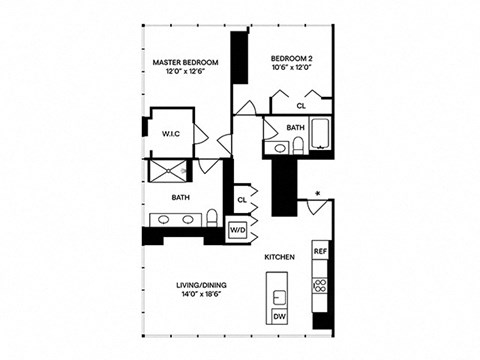Floor plan for 2 beds, 2 baths, 1285 sqft