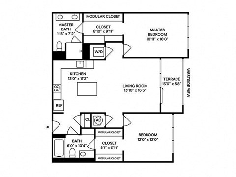 Floor plan for 2 beds, 2 baths, 1188 sqft