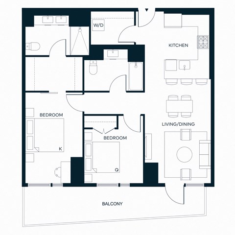 Floor plan for 2 beds, 2 baths, 1068 sqft