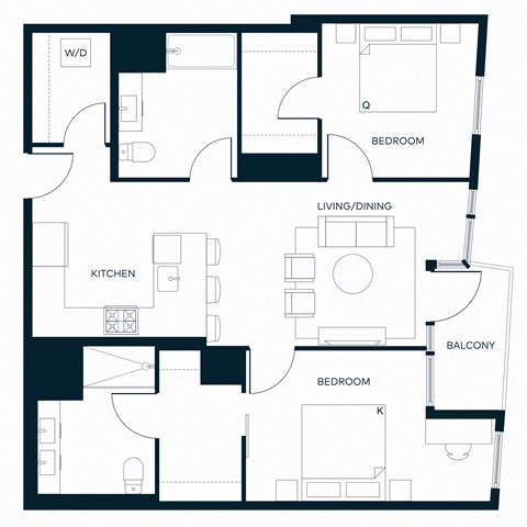 Floor plan for 2 beds, 2 baths, 1119 sqft