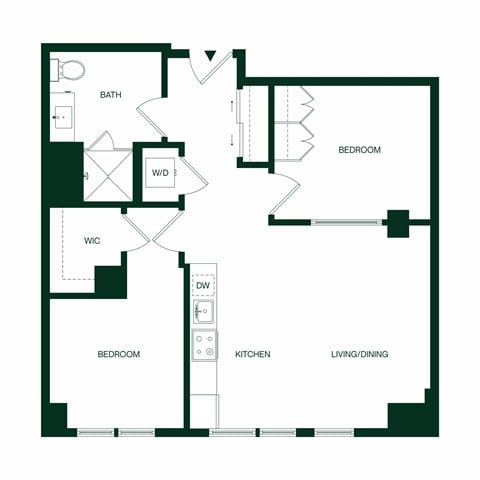 Floor plan for 2 beds, 1 bath, 848 sqft