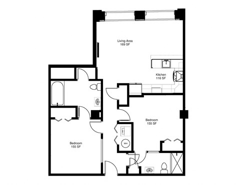 Floor plan for 2 beds, 2 baths, 1009 sqft