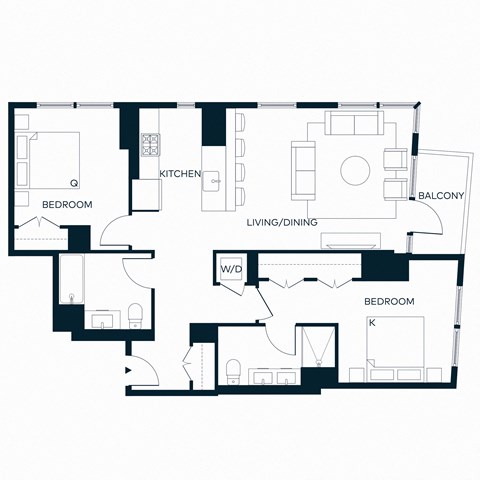 Floor plan for 2 beds, 2 baths, 1107 sqft