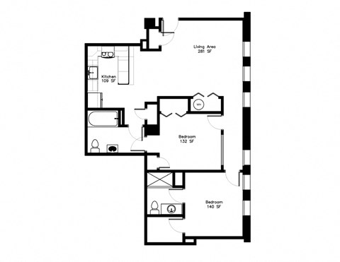 Floor plan for 2 beds, 2 baths, 1022 sqft