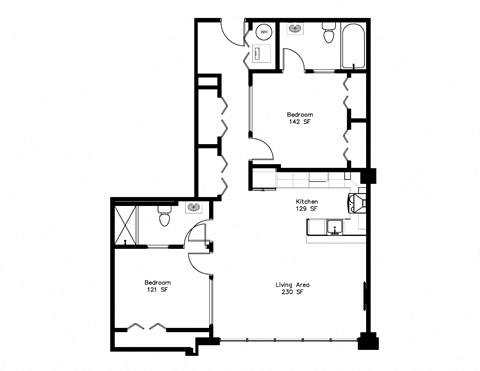 Floor plan for 2 beds, 2 baths, 1059 sqft