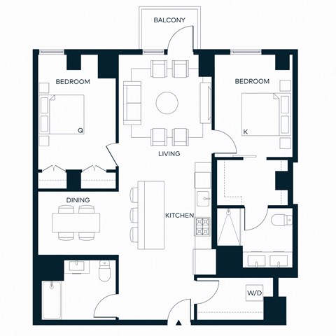 Floor plan for 2 beds, 2 baths, 1148 sqft