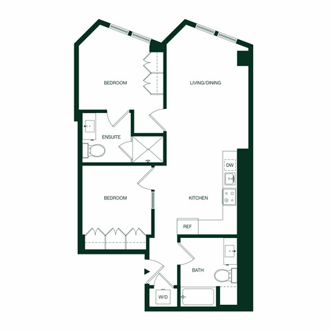 Floor plan for 2 beds, 2 baths, 877 sqft
