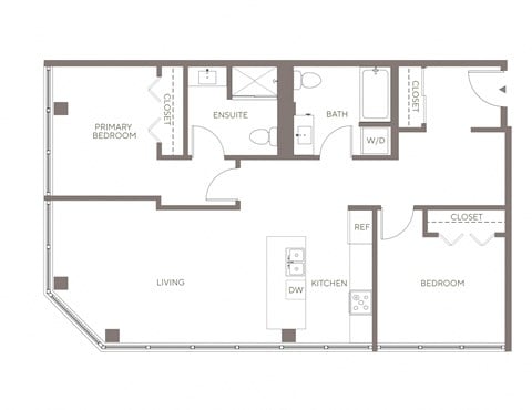 Floor plan for 2 beds, 2 baths, 1037 sqft