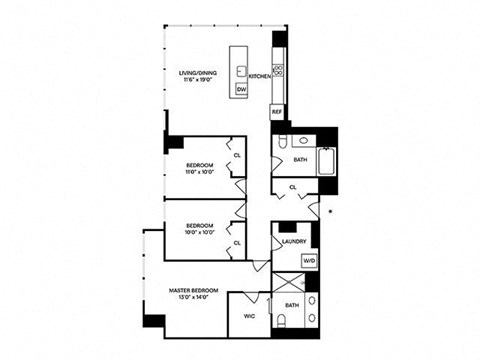 Floor plan for 3 beds, 2 baths, 1410 sqft