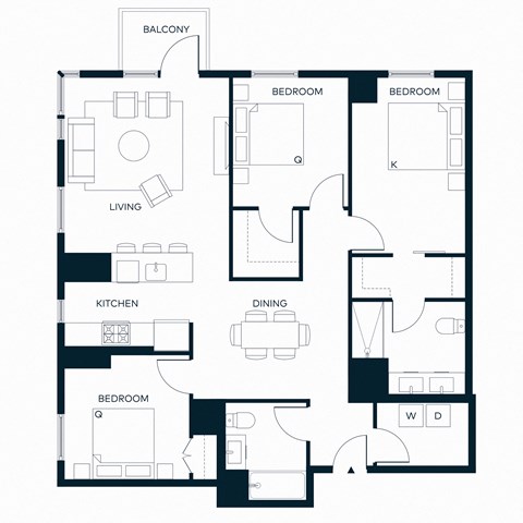 Floor plan for 3 beds, 2 baths, 1322 sqft