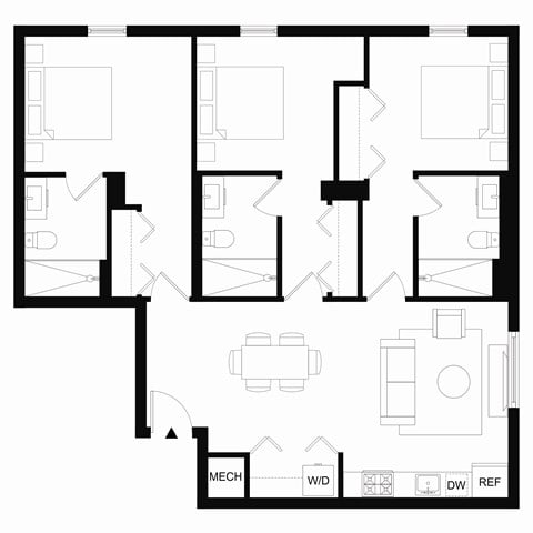 Floor plan for 3 beds, 3 baths, 1305 sqft