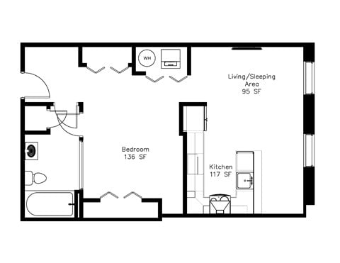 Floor plan for studio, 1 bath, 458 sqft
