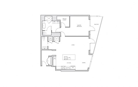 Floor plan for 1 bed, 1.5 baths, 1264 sqft