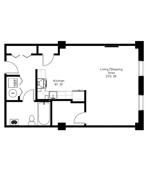 Floor plan for studio, 1 bath, 672 sqft