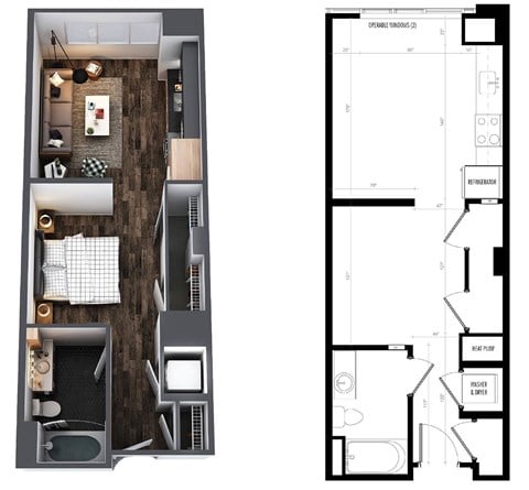 Floor plan for studio, 1 bath, 517 sqft