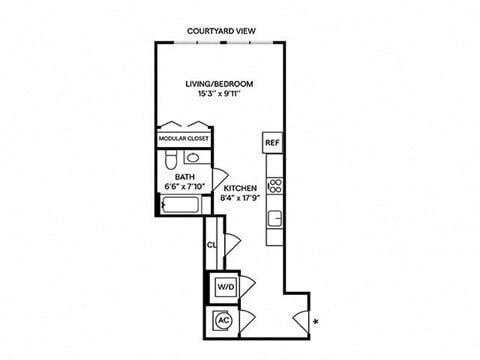 Floor plan for studio, 1 bath, 551 sqft