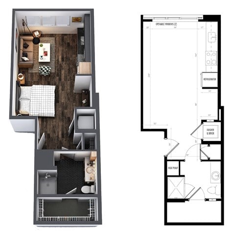 Floor plan for studio, 1 bath, 464 sqft