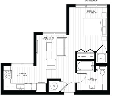 Floor plan for studio, 1 bath, 579 sqft