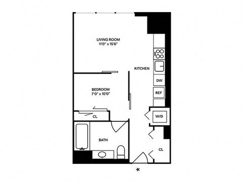 Floor plan for studio, 1 bath, 580 sqft