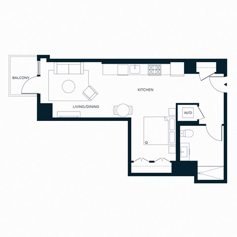 Floor plan for studio, 1 bath, 624 sqft