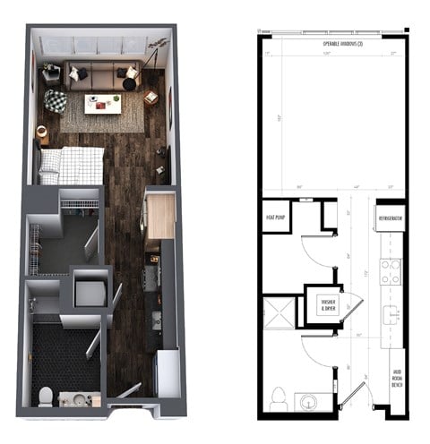 Floor plan for studio, 1 bath, 535 sqft