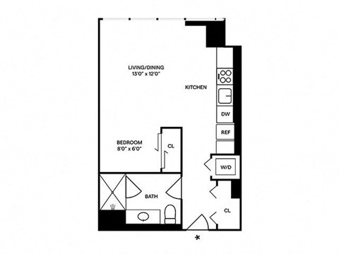 Floor plan for studio, 1 bath, 570 sqft