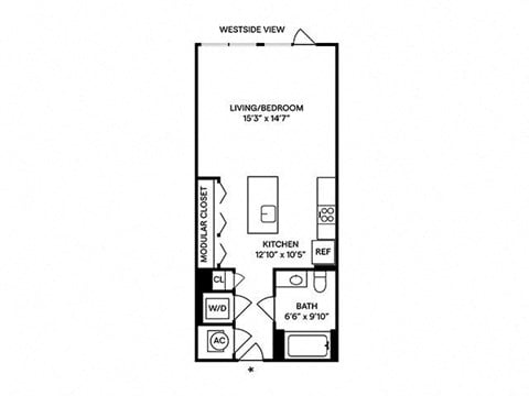 Floor plan for studio, 1 bath, 584 sqft