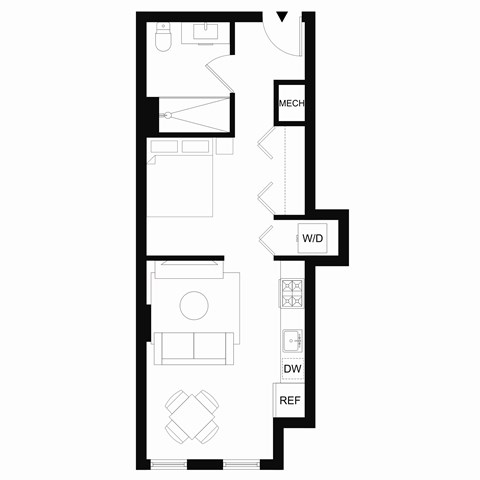 Floor plan for studio, 1 bath, 528 sqft