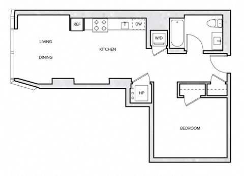 Floor plan for studio, 1 bath, 632 sqft