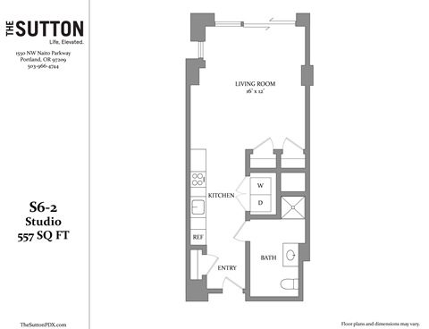 Floor plan for studio, 1 bath, 557 sqft