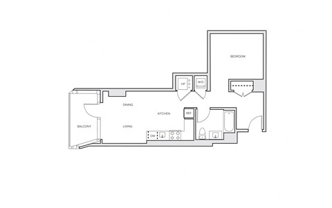 Floor plan for studio, 1 bath, 628 sqft