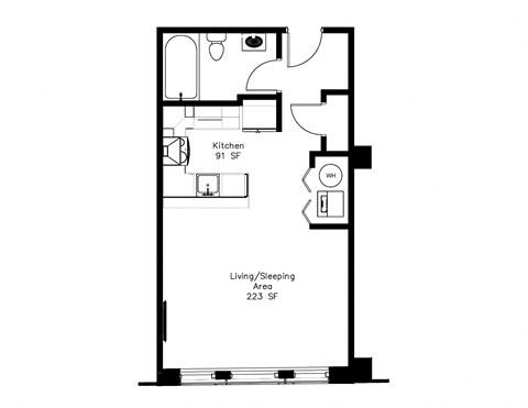 Floor plan for studio, 1 bath, 523 sqft