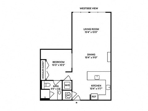 Floor plan for studio, 1 bath, 864 sqft