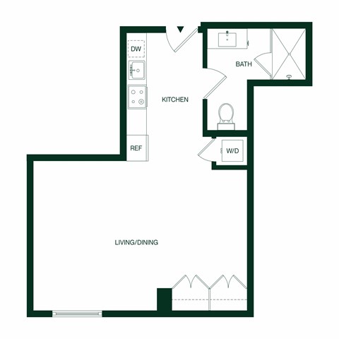 Floor plan for studio, 1 bath, 577 sqft