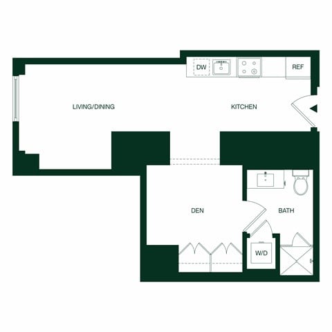 Floor plan for studio, 1 bath, 597 sqft