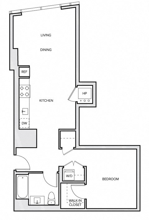 Floor plan for studio, 1 bath, 729 sqft