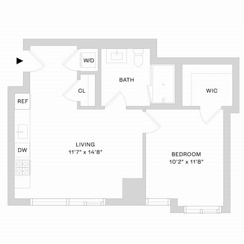 Floor plan for 1 bed, 1 bath, 561 sqft