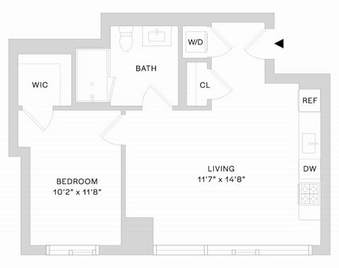 Floor plan for 1 bed, 1 bath, 569 sqft